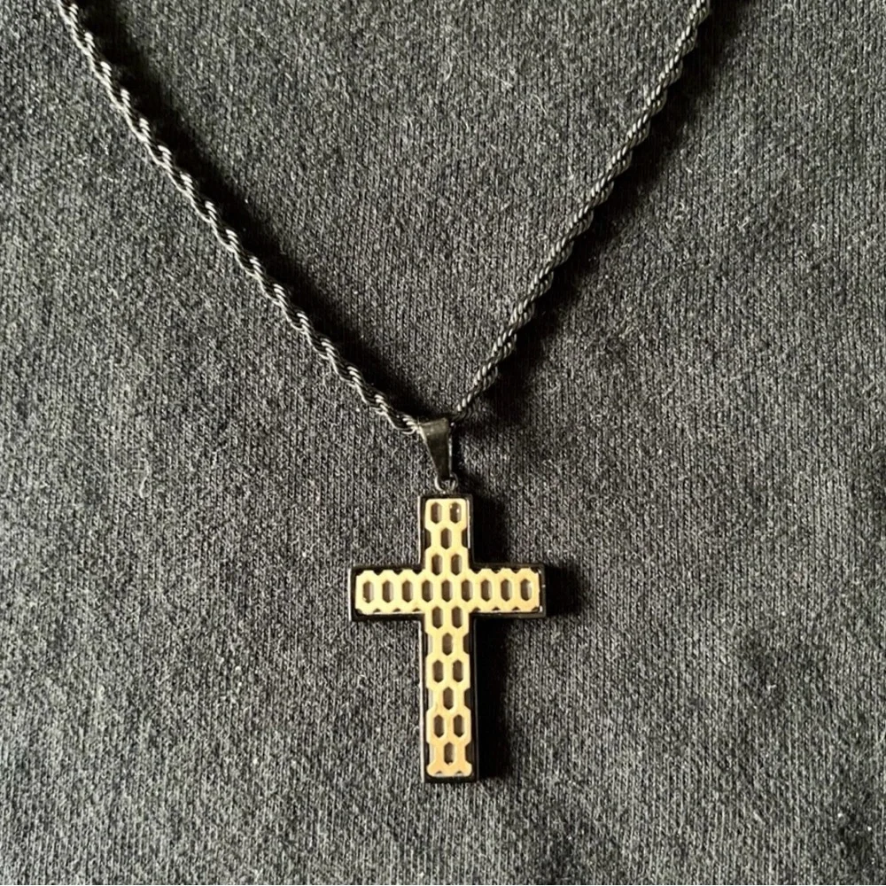 INOX Matte Black Rope Necklace with Cross